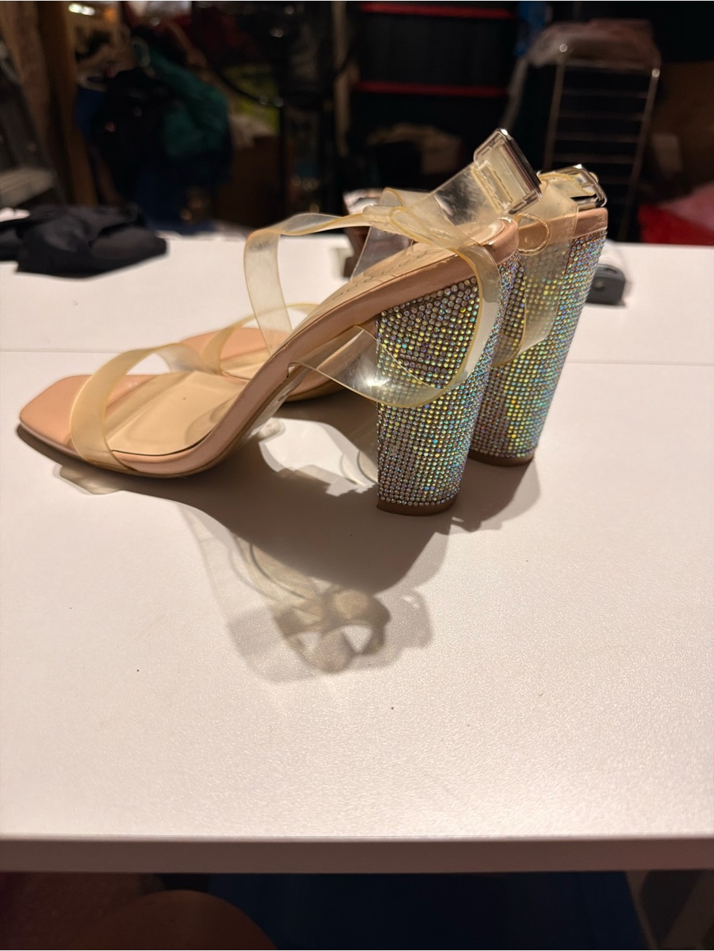 BAMBOO Clear Strap Block Heel Sandals with Rhinestone Heels - Nude/Clear